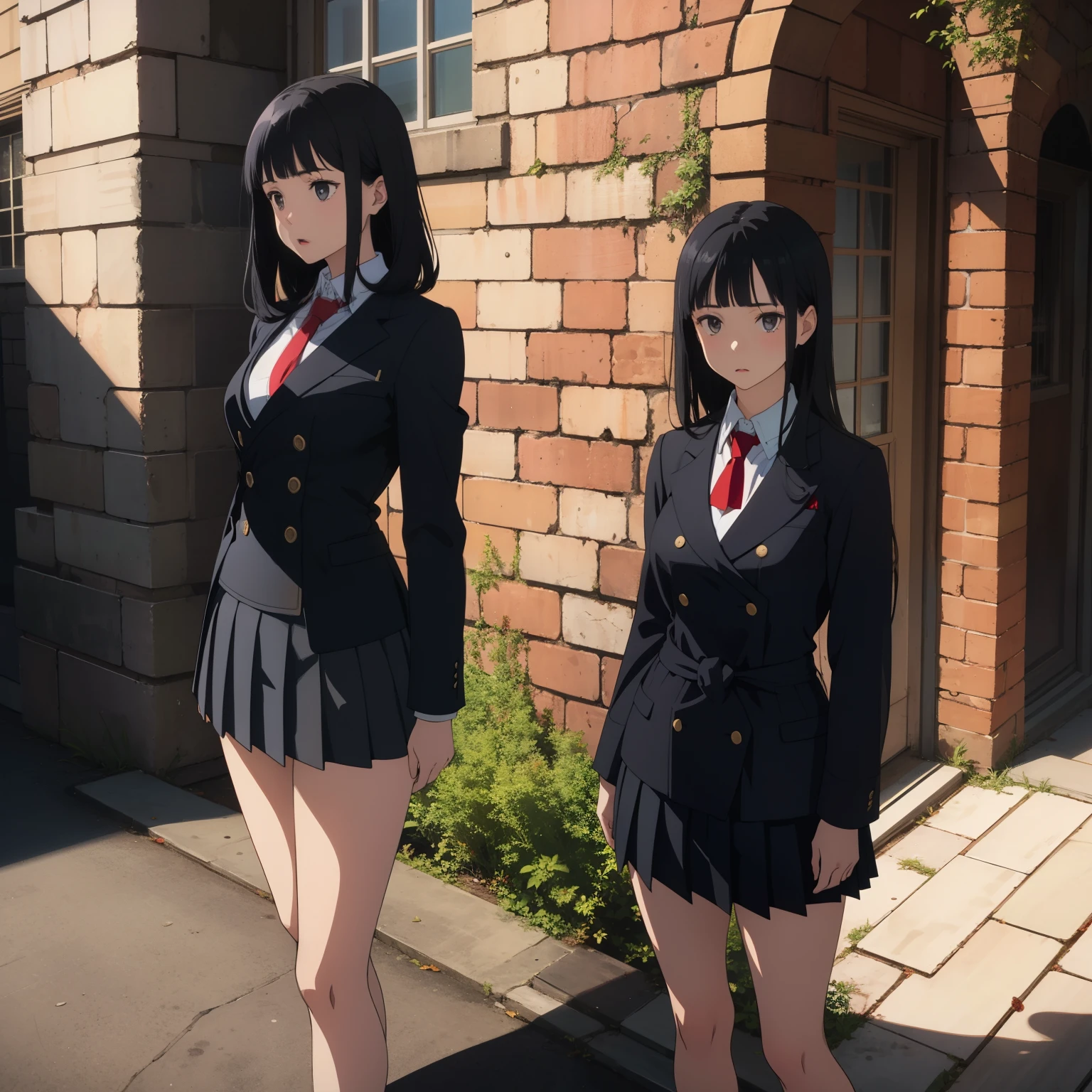 (Beautiful posture), 1Girl,slim, thin, ((black short skirt with pleats)),(((short double-breasted jacket))), (black very short jacket),(fitted clothing) ,a white blouse, (red tie short) , ((long bangs on face, straight black hair to waist)), gray eyes with a hint of purple, knee-deep portrait, sad, It&#39;s a nasty day, stands in the castle