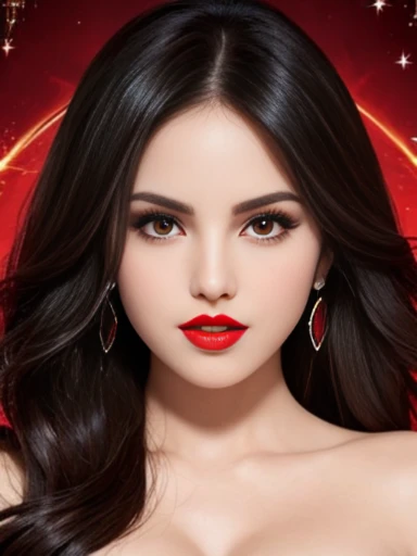 Eiza Gonzalez, pale skin, evil smile, large lips, black wavy hair, hot, thick brows, smokey eyes, red lips, red eyes, red sexy dress, magic, 11 years old, diamond accessories, earrings, witch, sparkles, portrait