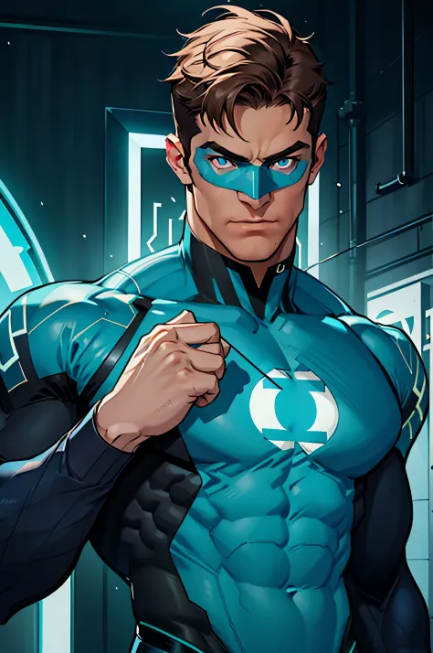 blue lantern, hal jordan, upper body shot, face of a 30s, tall, hunk, lean muscle, short hazel hair, all neon cyan blue and blac...