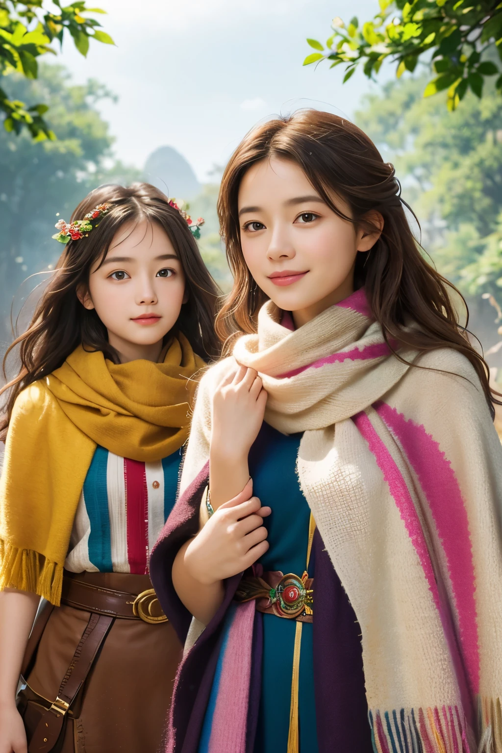 2girls, curious, fearless, smiling, wavy brown hair, dressed in colorful clothes and a magical scarf, next to the old fairy queen,​masterpiece, top-quality,raw photograph, top-quality, Official Art ,the Extremely Detailed CG Unity 8K Wallpapers, 