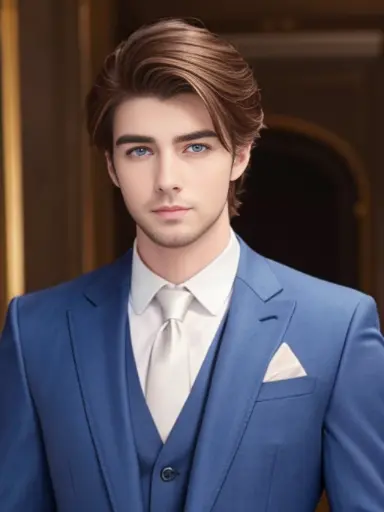 Handsome boy, brunet, pale skin, thick brows, suits, wealthy, fit, blue eyes, 25 years old,  facial hair, groom, happy,