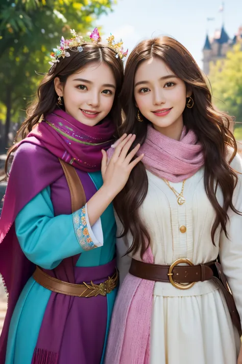 2girls, curious, fearless, smiling, wavy brown hair, dressed in colorful clothes and a magical scarf, next to the old fairy quee...