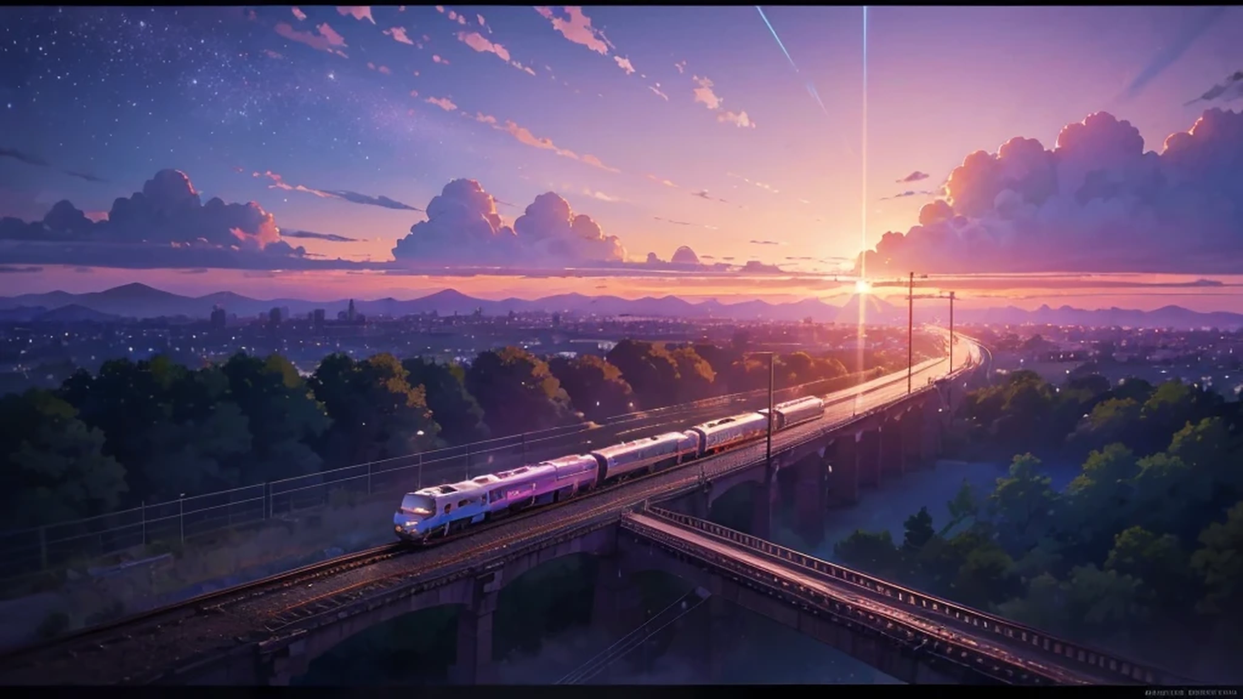 Anime-Szene mit vorbeifahrendem Zug unter rosa und violettem Himmel, Anime-Zeichnung von Makoto Shinkai, Trends auf Pixiv, Magischer Realismus, schöne Anime-Szene, kosmischer Himmel. by Makoto Shinkai, ( ( Makoto Shinkai ) ), by Makoto Shinkai, Anime-Hintergrundkunst, Makoto Shinkai style. Detailverbesserung, perfekte Detailverarbeitung.