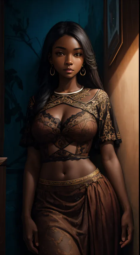 Un bref moment de calme, beau black woman with cinnamon skintone, peau sombre, vêtements en dentelle de couleur neutre contre le...