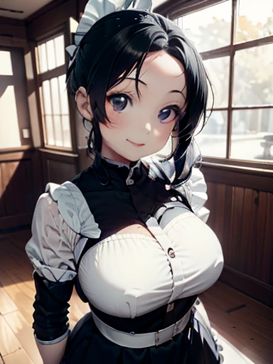 maid, 1girl, Slim Body, long hair, black hair, Twinkling Eyes, Thin Eyebrows, Full Mouth, Embroidered Clothing, soft light, snapshot, monochromatic, 16k, Lifelike, Smirking, Looking at the viewer, overhead shot, masterpiece, best quality, extremely detailed, ultra high res,8k,