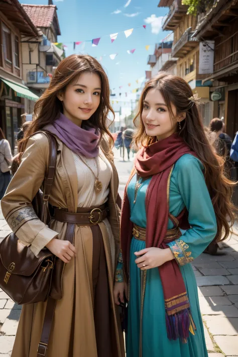 2girls, curious, fearless, smiling, wavy brown hair, dressed in colorful clothes and a magical scarf, next to the old fairy quee...