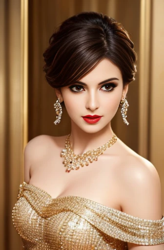 Lebanese woman, diamond dangling earrings, necklace, bracelets, small breasts, 40 years old, smokey eyes, cleavages, red lips, innocent face, golden fashion strapless ball gown, stylish hairstyle, posing, modeling, off-shoulder