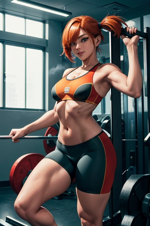 sexy model pose, work of art, best qualityer, high resolution, 1 girl, (Pokémon), hair orange, standing alone, shorts legging , side ponytail, Athletic body, hair orange, tummy, sports well, へそ, shorth hair, ssmile, breasts big, full body shot shot, in the gym weight machines, gym, high resolution, very high resolution, 1080P, 4K, 8k, 16K, very detailled, realisitic, 8k, 4d cinema, Extremely detailed art, [ digital art 4k ]