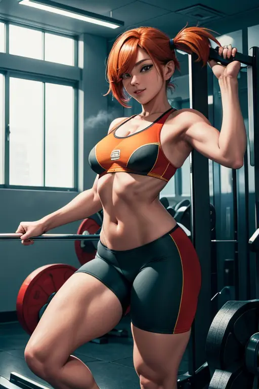 Pose de modelo sexy, obra de arte, melhor qualidade, high resolution, 1 garota, (Pokémon), cabelo laranja, Sozinho, shorts leggi...