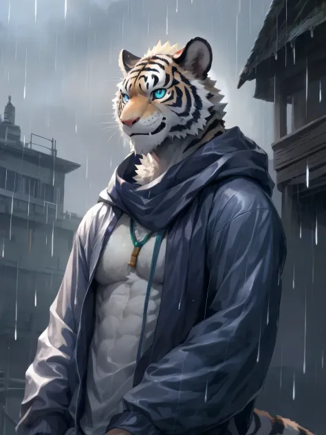 masterpiece,best quality,perfect anatomy,(bright eyes:0.9),(blue eyes:0.9),by t.y.stars,by null-ghost,by k0bit0wani,furry,(felis:0.7),(canine:0.2),male,solo,baggy clothing,(smile:0.95),gentle,lateral body,look at the sky,rain,(waterdrop:0.9),raining,(fog:0...