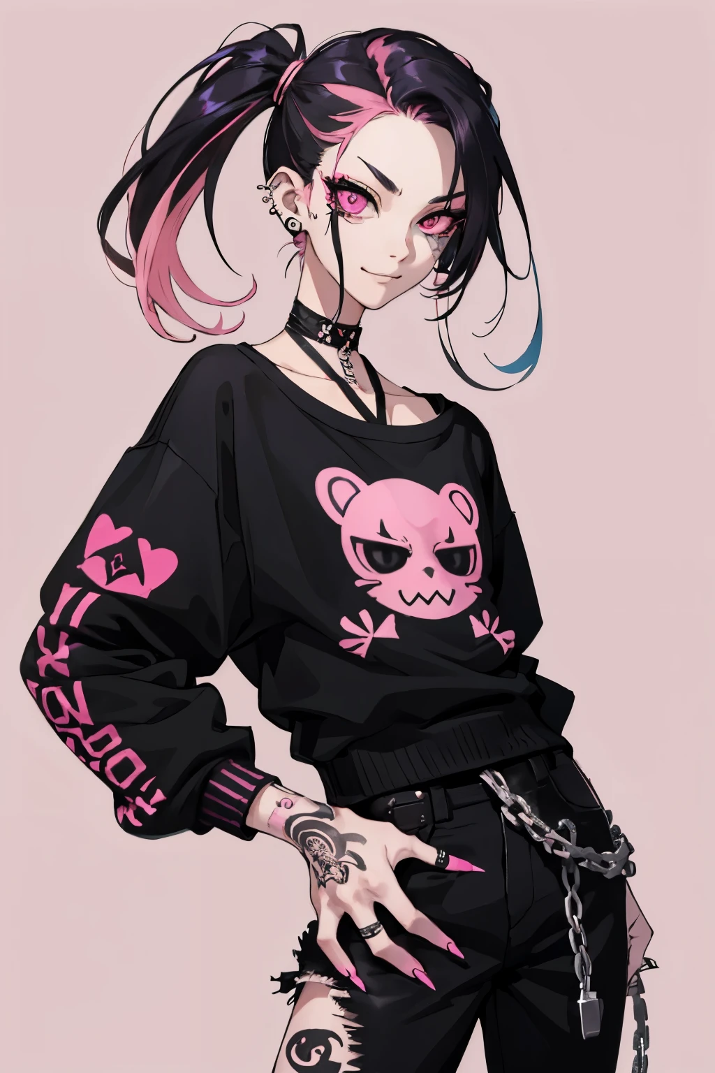 kpop girl with rizz smile face, bad ass, black,pink hair, tattoos on hands and neck, piercing, black mixed pink striped sweater, cool badass pose, smoke background ,jht,1boy, slightly long pointy thin fingernails
