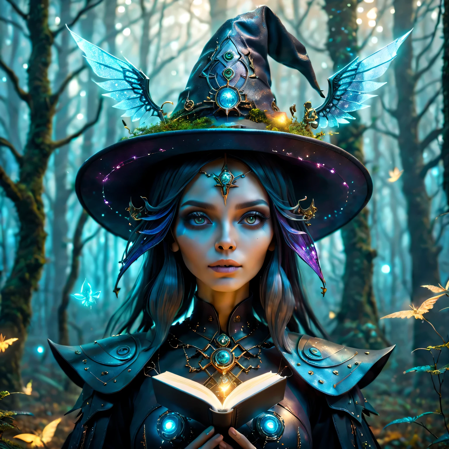 Futuristic robot witch in the enchanted forest、(witch hat)、cybernetic enhancement、(Mechanical edge structure、upper body portrait，Create a mysterious and charming atmosphere，Sparkling wings、Glittering symbols and runes、sparkling magic book、mist、strong color palette，（best quality，4K，8k，masterpiece：1.2），Super detailed，（lifelike，照片lifelike，The photos are real：1.37），human development report，ultra high definition，studio lighting，Super beautiful paintings，clear focus，Physically based rendering，extremely detailed description，main，bright colors，Defocused，