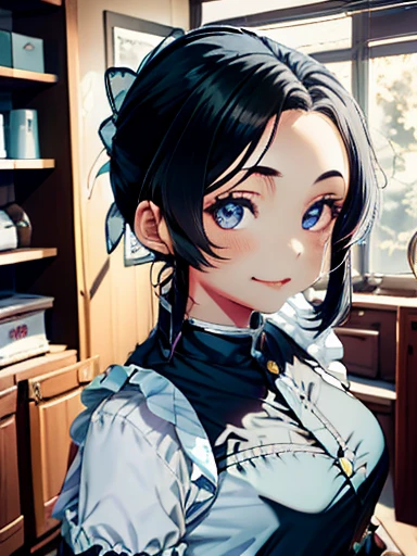 maid, 1girl, Slim Body, long hair, black hair, Twinkling Eyes, Thin Eyebrows, Full Mouth, Embroidered Clothing, soft light, snapshot, monochromatic, 16k, Lifelike, Smirking, Looking at the viewer, overhead shot, masterpiece, best quality, extremely detailed, ultra high res,8k,