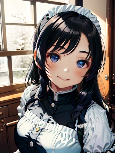 maid, 1girl, Slim Body, long hair, black hair, Twinkling Eyes, Thin Eyebrows, Full Mouth, Embroidered Clothing, soft light, snapshot, monochromatic, 16k, Lifelike, Smirking, Looking at the viewer, overhead shot, masterpiece, best quality, extremely detailed, ultra high res,8k,