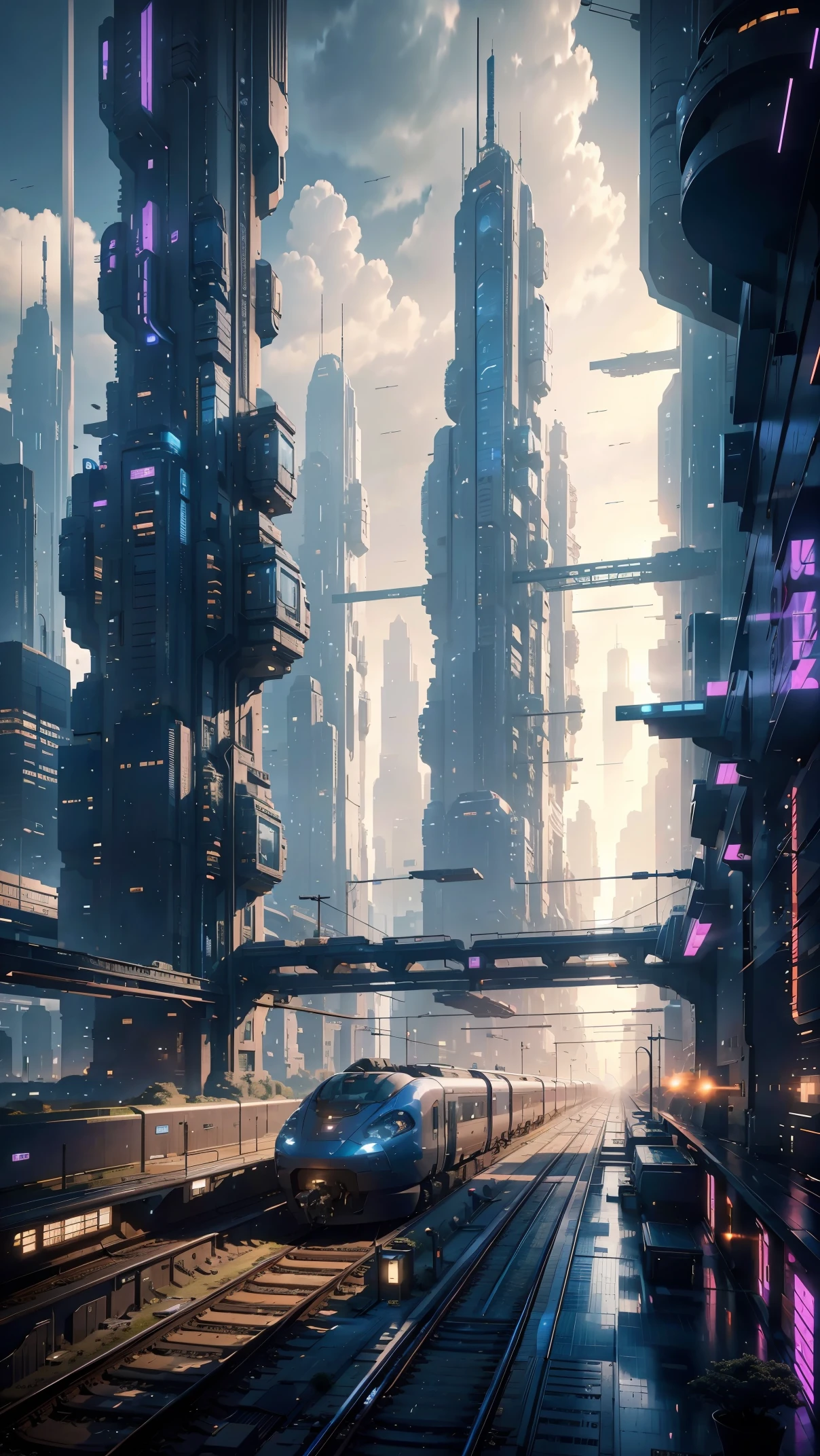 future city:1.5,station,train,building,master piece,highest quality,ultra high resolution,(Super detailed:1.2),8K,photorealistic,best aesthetic,beautiful