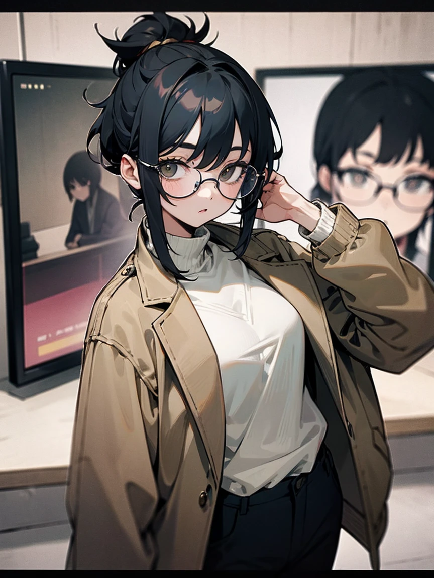 1 girl，Detailed details，black hair，glasses,hair tied together，straight hair，black fitted pants，Beige jacket,White turtleneck，black eyes,tv set，game,dark，concrete，Narrow pupils