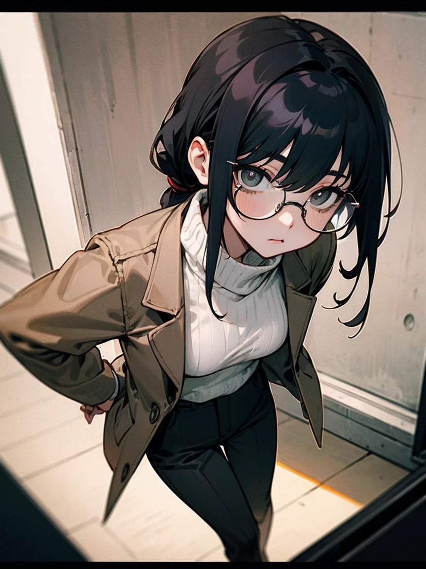 1 girl，Detailed details，black hair，glasses,hair tied together，straight hair，black fitted pants，Beige jacket,White turtleneck，black eyes,tv set，game,dark，concrete，Narrow pupils