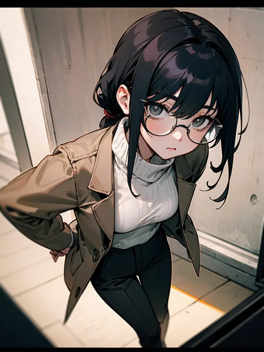 1 girl，Detailed details，black hair，glasses,hair tied together，straight hair，black fitted pants，Beige jacket,White turtleneck，bla...