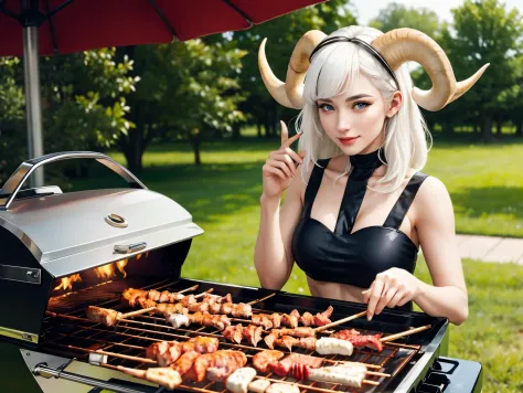 beautiful young girl, white hair, capricorn horns, make a barbecue