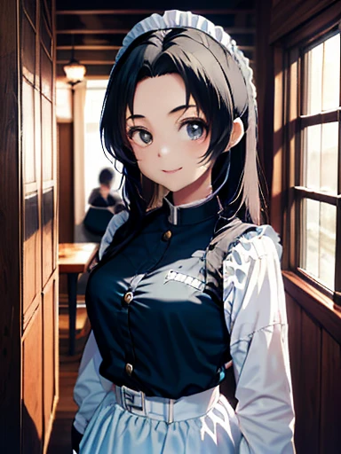 maid, 1girl, Slim Body, long hair, black hair, Twinkling Eyes, Thin Eyebrows, Full Mouth, Embroidered Clothing, soft light, snapshot, monochromatic, 16k, Lifelike, Smirking, Looking at the viewer, overhead shot, masterpiece, best quality, extremely detailed, ultra high res,8k,