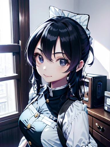 maid, 1girl, Slim Body, long hair, black hair, Twinkling Eyes, Thin Eyebrows, Full Mouth, Embroidered Clothing, soft light, snapshot, monochromatic, 16k, Lifelike, Smirking, Looking at the viewer, overhead shot, masterpiece, best quality, extremely detailed, ultra high res,8k,