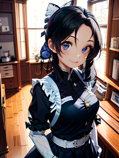 maid, 1girl, Slim Body, long hair, black hair, Twinkling Eyes, Thin Eyebrows, Full Mouth, Embroidered Clothing, soft light, snapshot, monochromatic, 16k, Lifelike, Smirking, Looking at the viewer, overhead shot, masterpiece, best quality, extremely detailed, ultra high res,8k,