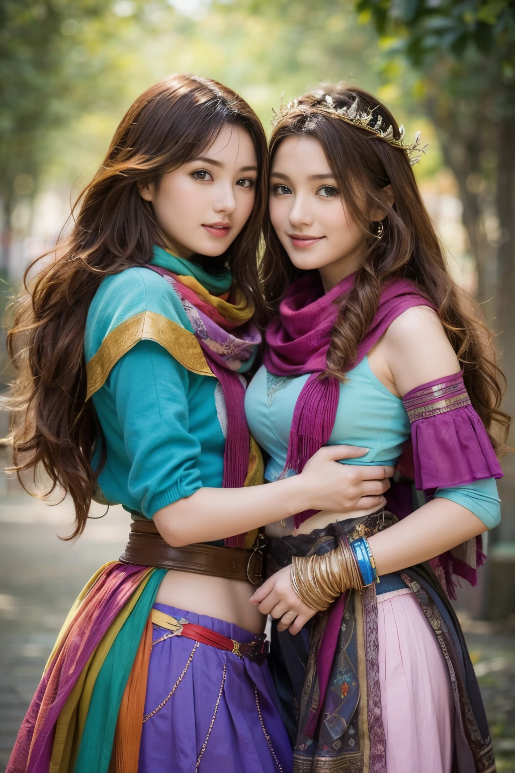 2girls, curious, fearless, smiling, wavy brown hair, dressed in colorful clothes and a magical scarf, next to the old fairy queen,​masterpiece, top-quality,raw photograph, top-quality, Official Art ,the Extremely Detailed CG Unity 8K Wallpapers, 