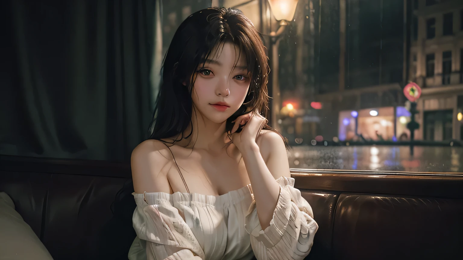 maximum quality、MASTERPIECE、Super High Resolution、(photorealistic:1.4)、Raw photo、1 beauty girl、off shoulder、In the rainy city、A crowded figure in the background、Rainy evening、Sit in an antique café、Warm lights、It looks cold outside the window