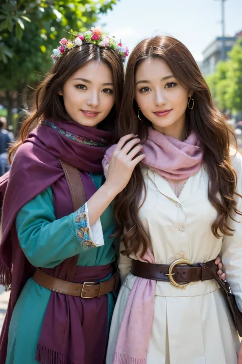 2girls, curious, fearless, smiling, wavy brown hair, dressed in colorful clothes and a magical scarf, next to the old fairy quee...