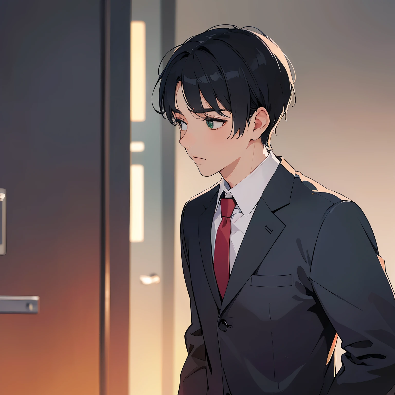 (looking away:1.5), masterpiece、high quality、2 man with short black hair and green eyes、Like a cartoon in Japan、wearing a gray suit、Wearing a red tie、wearing a white shirt、(Alone:1.5)、(Depressed look:1.1)、(close up of your face:1.3)、(Only the upper body is shown.:1.3)、The background is an office、Are standing、bold composition、
