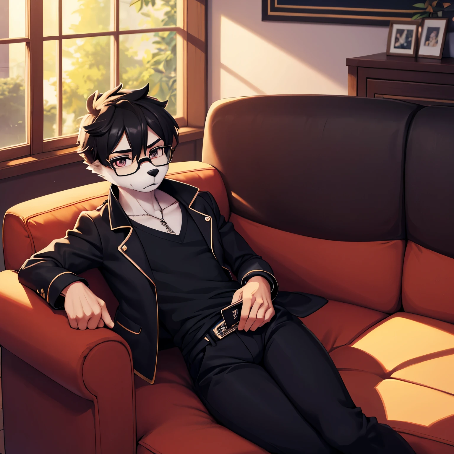 Furry, Guepardo, macho, Tboy, olhos azuis, glasses, jaqueta vernelha, camisa cinza, black pants, meias, deitado, sofa, sala de estar, usando celular, sombras, luz, anime