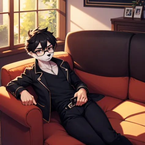 furry, guepardo, macho, tboy, olhos azuis, glasses, jaqueta vernelha, camisa cinza, black pants, meias, deitado, sofa, sala de e...