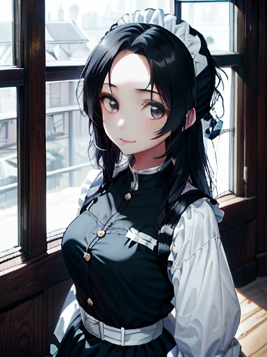 maid, 1girl, Slim Body, long hair, black hair, Twinkling Eyes, Thin Eyebrows, Full Mouth, Embroidered Clothing, soft light, snapshot, monochromatic, 16k, Lifelike, Smirking, Looking at the viewer, overhead shot, masterpiece, best quality, extremely detailed, ultra high res,8k,