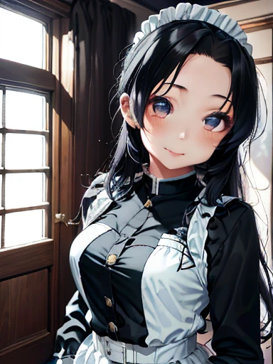 maid, 1girl, Slim Body, long hair, black hair, Twinkling Eyes, Thin Eyebrows, Full Mouth, Embroidered Clothing, soft light, snapshot, monochromatic, 16k, Lifelike, Smirking, Looking at the viewer, overhead shot, masterpiece, best quality, extremely detailed, ultra high res,8k,