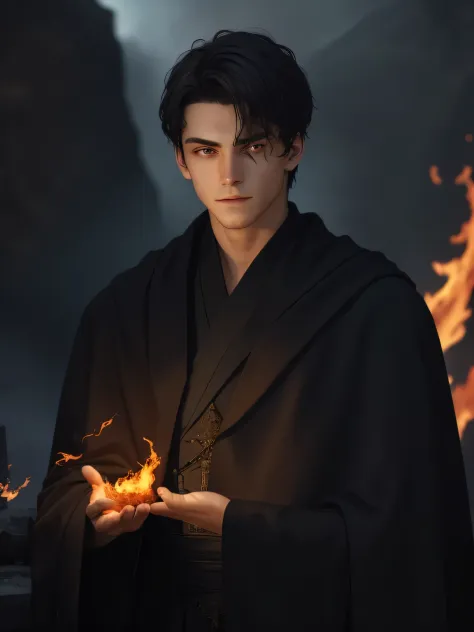 young man with dark hair, (16-18 years old), fire mage, (glare of fire on the face),dark stone wall in the background, a man hol...