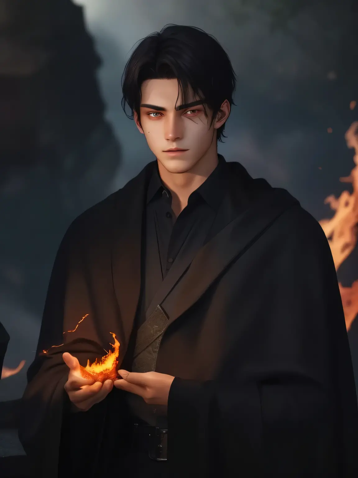 young man with dark hair, (16-18 years old), fire mage, (glare of fire on the face), there is more fire in his hands