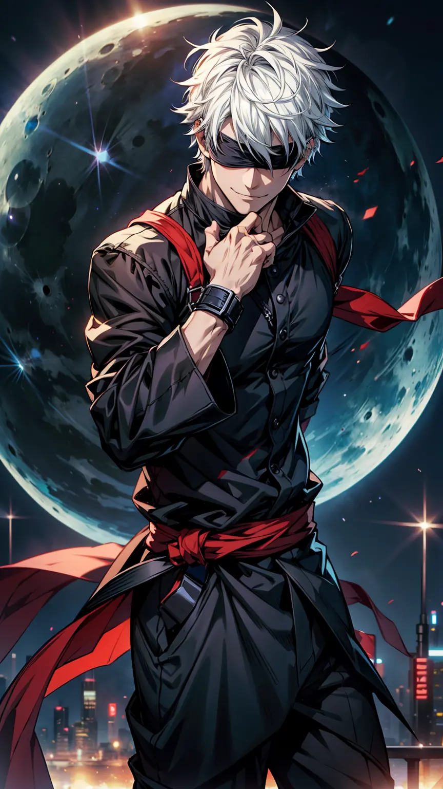 1boy, half body shot, perfect hand and fingers, satoru gojo, blindfold, black outfit, white hair, look at sky, smirk, red and bl...