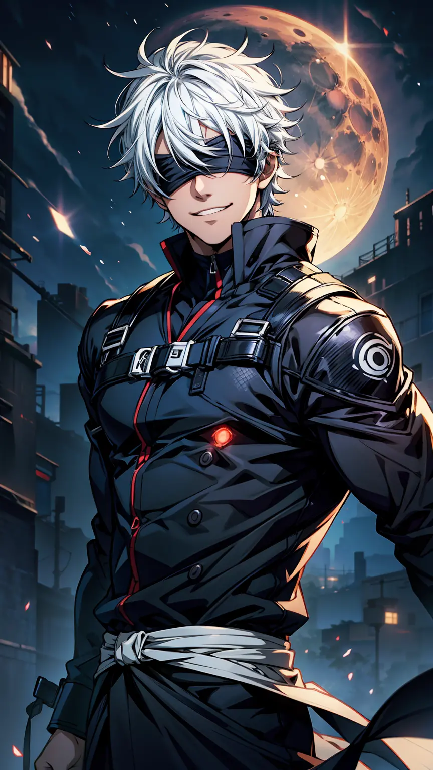 1boy, half body shot, perfect hand and fingers, satoru gojo, blindfold, black outfit, white hair, look at sky, smirk, red and bl...