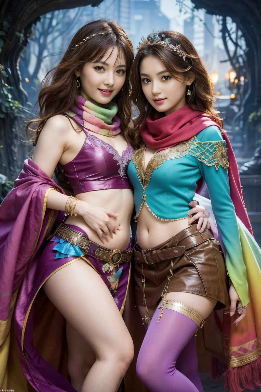 2girls, curious, fearless, smiling, wavy brown hair, dressed in colorful clothes and a magical scarf, next to the old fairy queen,​masterpiece, top-quality,raw photograph, top-quality, Official Art ,the Extremely Detailed CG Unity 8K Wallpapers, 