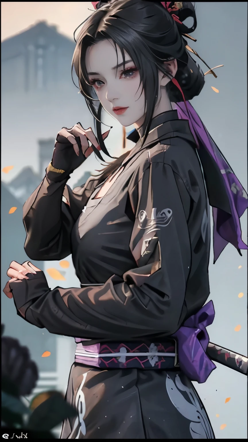 anime girl with a sword and a black outfit, she  holding a katana sword, katana, artwork in the style of guweiz, made with anime painter studio, anime style character, demon slayer rui fanart, anime character, badass anime 8 k, by Yang J, anime style 4 k, kunoichi, inspired by Kanō Hōgai， Lan Fang，long black hair，Fullmetal Alchemist，female killer，black hanfu，female ninja，Black clotheaid，黑色长发female killer，female retainer，黑发female ninja，long black hair女生，female warrior，woman samurai，female ninja，Beautiful girl，Girls with bun hair，Girls with bun hair，Girls with bun hair