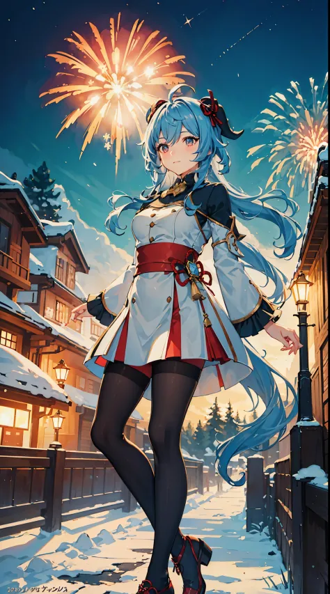 portrait,landscape,painting,illustration,hiring \(genshin impact\),winter snowflakes flying,festive atmosphere,(grand fireworks ...