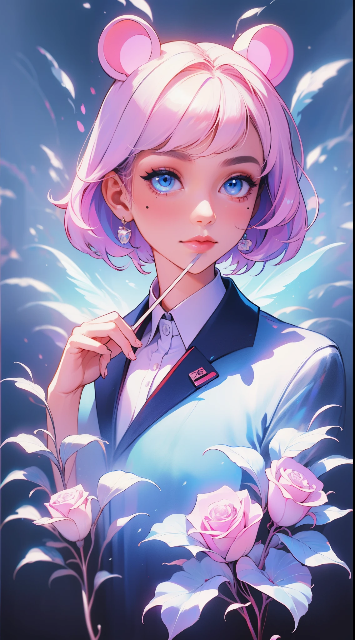 skistyle, 1girl, solo, pink hair, animal ears, blue eyes, wings, looking at viewer, mole, bangs, short hair, bow, sailor collar,  background, white sailor collar, mole under mouth, hair bow, pink bow, closed mouth, shirt, white shirt, bear ears, bob cut, mini wings, grey background, portrait, detached wings, makeup, upper body, white background