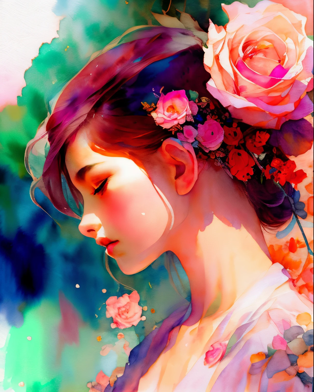 wtrcolor style, (rose) digital art, official art, blown by the wind, masterpiece, beautiful, ((watercolor)), paint splatter, intricate detail. Great detail, [dripping:0.7], Trending on Artstation, Rachel Walker