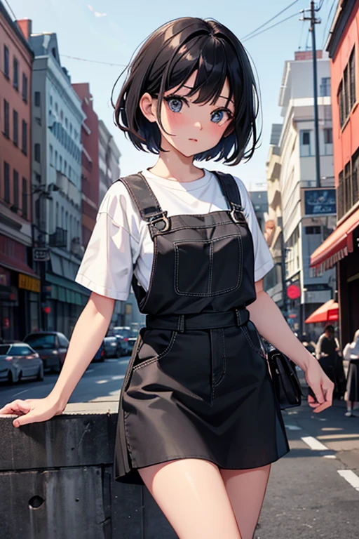 black hair,reddish eyes、very detailed、masterpiece、highest quality、Ultra high decomposition energy A、8K high resolution、Clear like a photo、ultra high resolution、Gradation depiction、photorealistic、city、 (crowd)、based on anthropology、girl、detailed eyes、short hair、,、(white Tshirt)、 (black overall skirt:1.4), knee length, ,active angle,,(embarrassed,nose blush:0.6) ,、