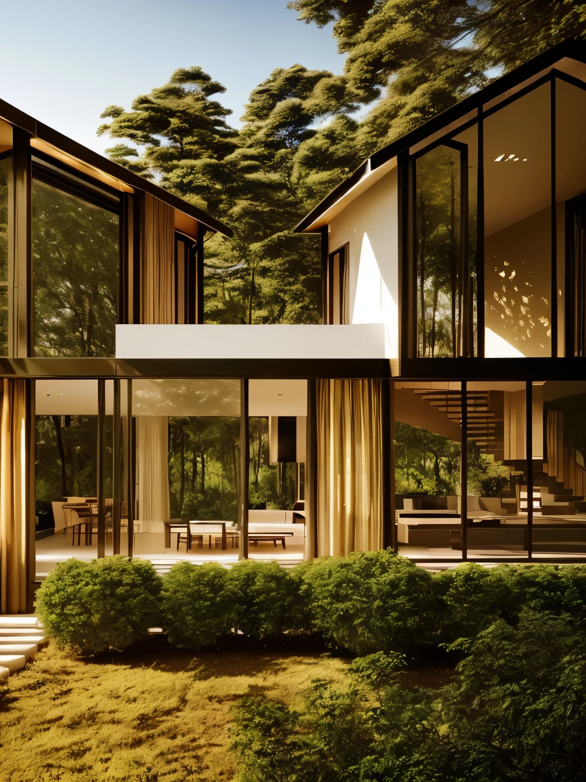 a modern villa in the forest, golden hour, cinematic lighting, photo realistic