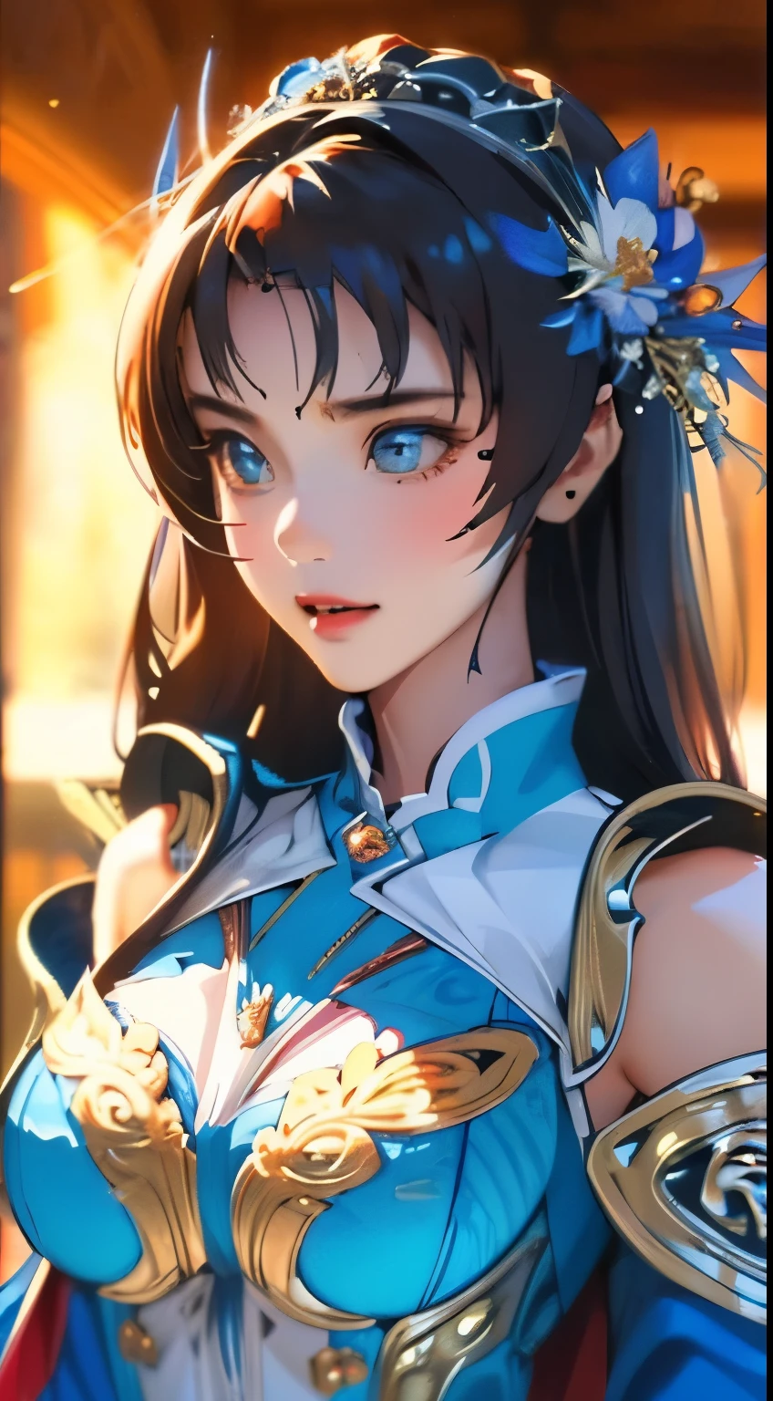 （filigree，Sharp images，Hyper-Resolution，Extremely amazing detail，awe-inspiring detail），sub surface scattering，tmasterpiece，best quality，high qulity，（1girll：1.2），solo，apathy, close up to upperbody, focus breast, light armored, bare shoulders, blue armor