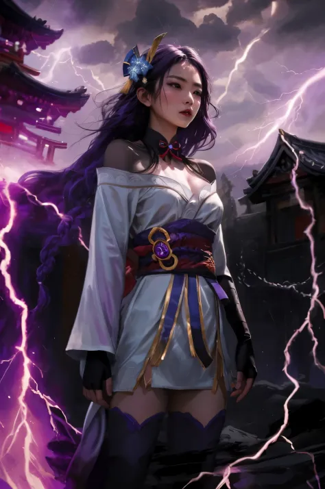 ((adult asian woman)), purple hair long braid,short white kimono, bare shoulders, detached sleeves, flower hair ornament, black ...