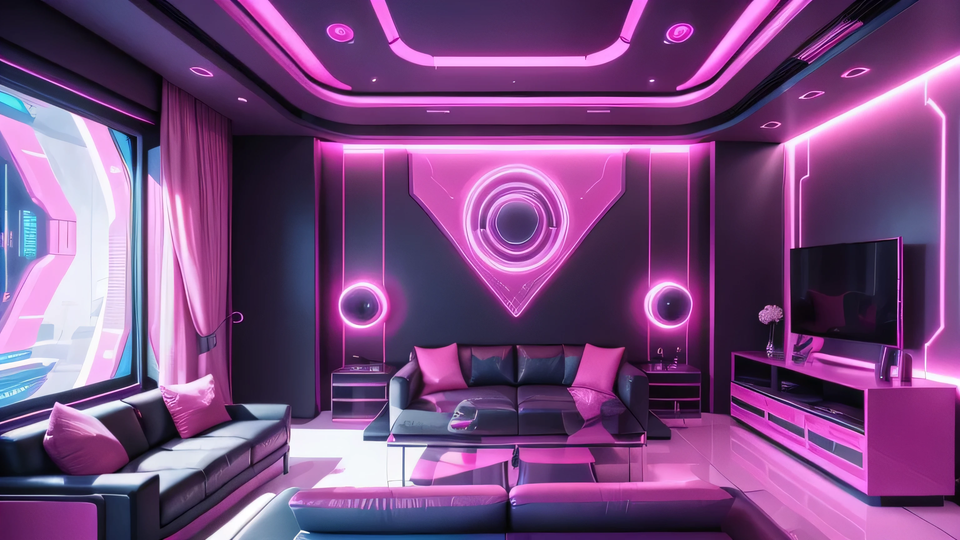 Dynamic angle, a view of a living room with a couch and a table, futuristic room, futuristic setting, futuristic decoration, futuristic looking living room, pink dystopian futurism, pink cyberpunk colors, futuristic but colorful shading, in style of beeple, beeple colors, futuristic aesthetic, futuristic art style, sci-fi aesthetics, inspired by Beeple