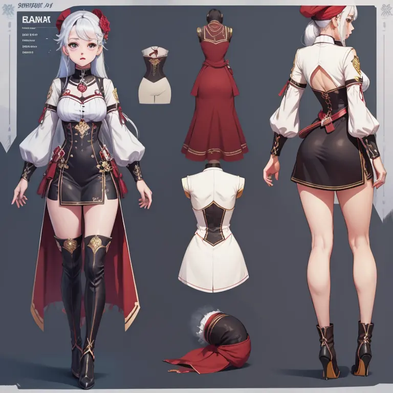 ((table)),(((Best quality)),(Character Design Sheet, same character, Same outfit, FRONT, Side, rug), illustration, 1 girl, Regul...