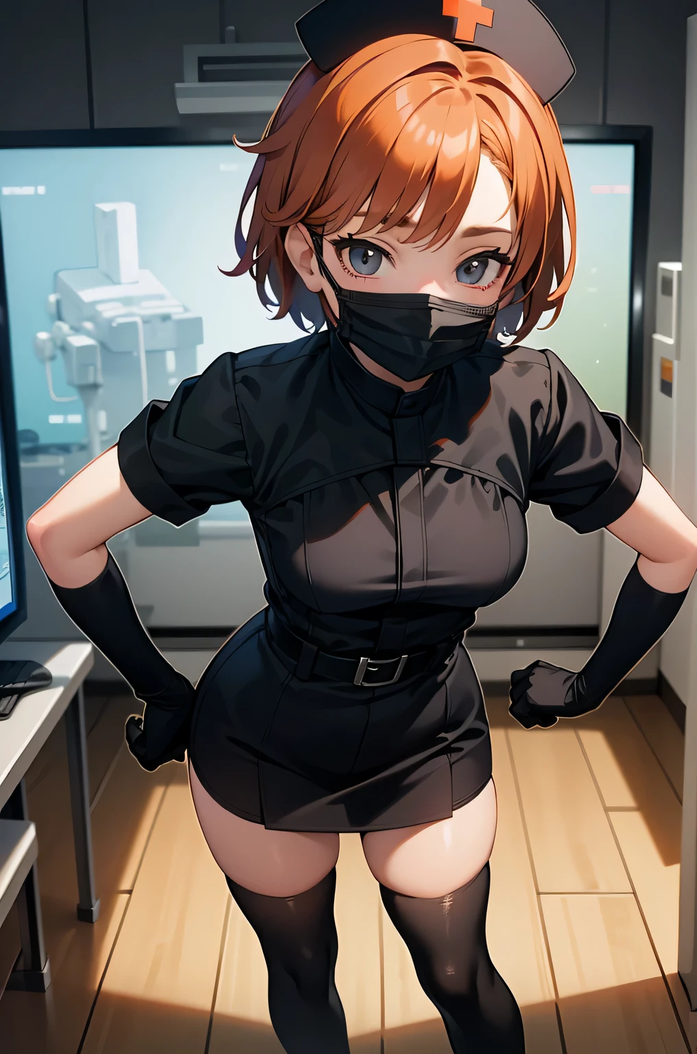 black nurse, 1 girl, alone, black nurse cap, Black Wear, ((black legwear, zettai ryouiki)), black elbow gloves, very short hair, orange hair, ((Black surgical mask, Covered nose)), Are standing, ((operating room)), sharp outline, short sleeve, Tomboy, boyish, highest quality, masterpiece